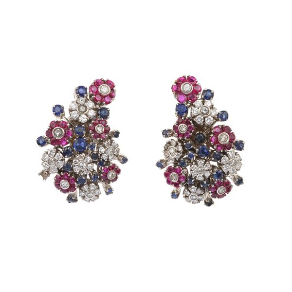 Pair of diamond, sapphire, ruby and gold earrings