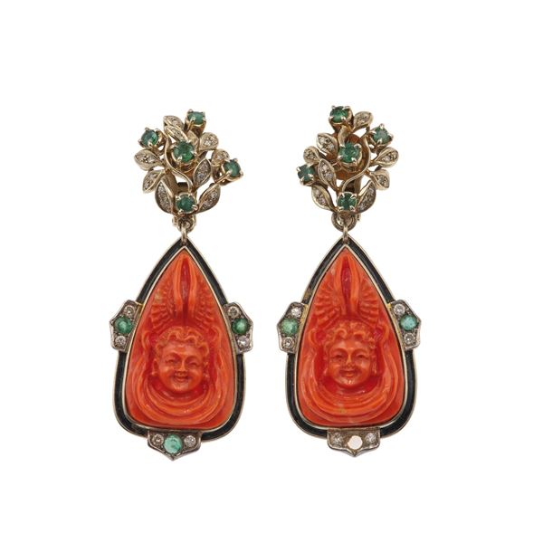 Pair of coral, enamel, diamond, emerald and gold earrings. Dages and missing