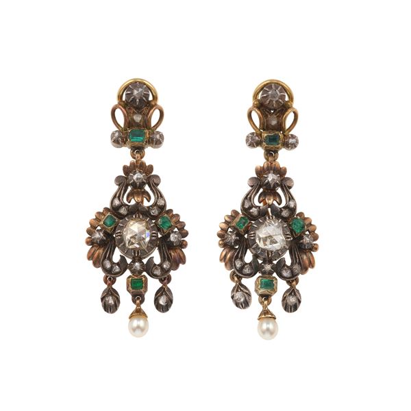 Pair of rose-cut diamond, emerald, gold and silver earrings