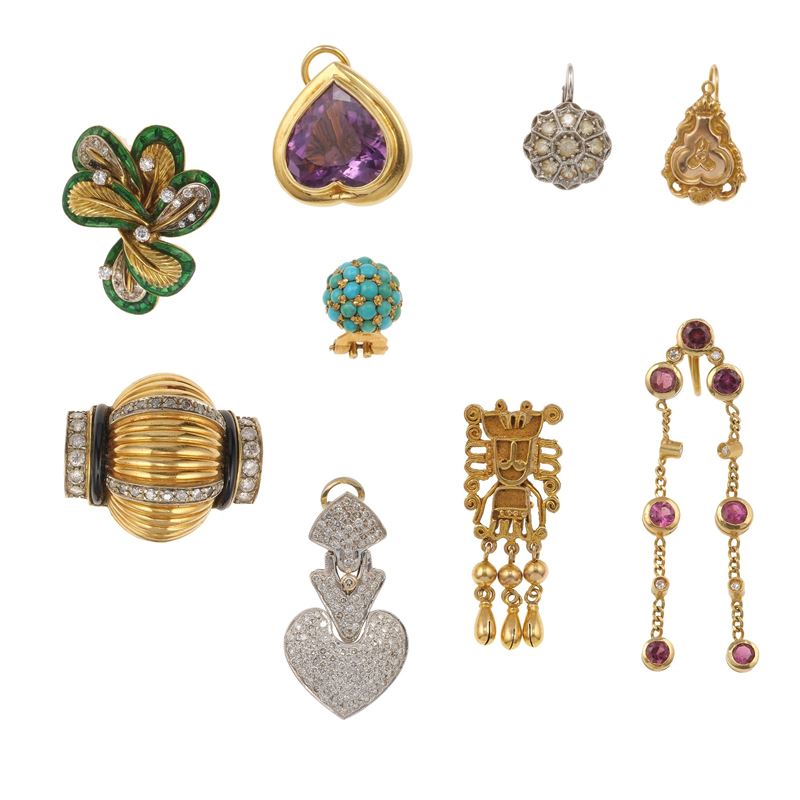 Nine gold, low-karat gold, enamel and gemstones earrings  - Auction Jewellery, silverware, furnishings, and objets d'art. A charitable bequest. - I - Cambi Casa d'Aste