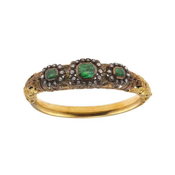 Rose-cut diamond, emerald, gold and silver bracelet. Damage