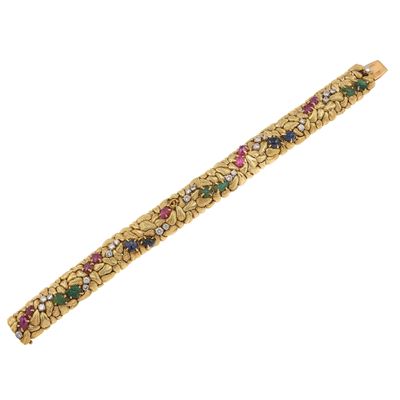 Bracciale snodato in oro giallo 750/1000 con rubini, smeraldi, zaffiri incisi e diamanti (rubino ...