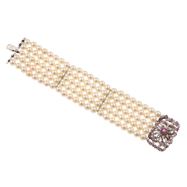Akoya pearl, ruby, diamond and gold bracelet