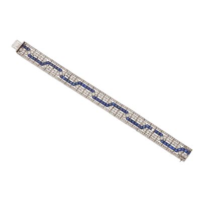 Bracciale con diamanti di vecchio taglio e zaffiri, montatura in platino e oro bianco 750/1000