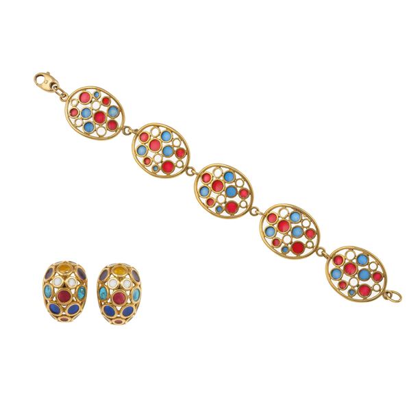 Plique-à-jour enamel and gold demi-parure