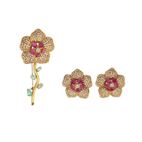 Ruby, diamond and gold demi-parure