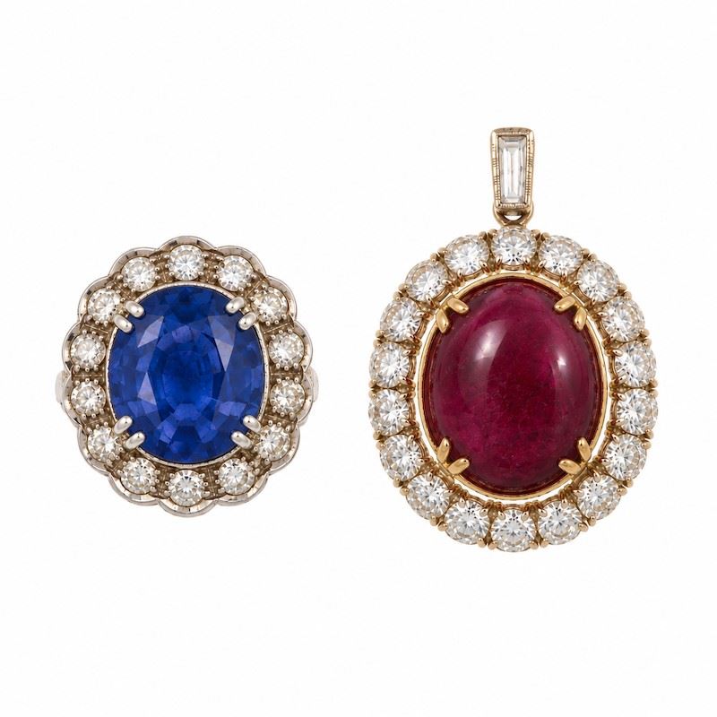 Synthetic sapphire and diamond ring and treatmen ruby and diamnd pendant  - Auction Jewellery, silverware, furnishings, and objets d'art. A charitable bequest. - I - Cambi Casa d'Aste