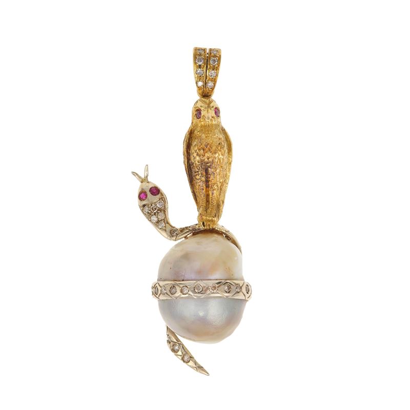 Australian pearl, diamond, ruby and gold pendant  - Auction Jewellery, silverware, furnishings, and objets d'art. A charitable bequest. - I - Cambi Casa d'Aste