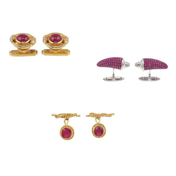 Three pairs of gold and ruby cufflinks, one pair with A. Reza maker's mark