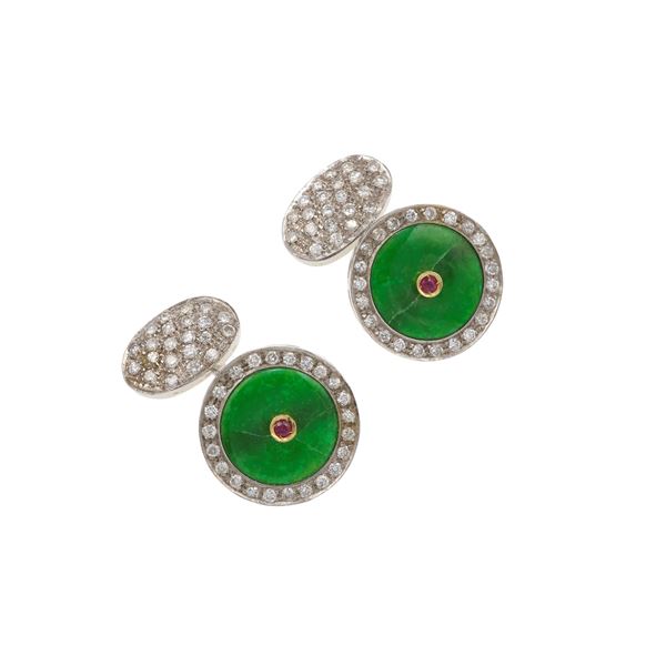 Pair of jadeite, diamond, ruby and gold cugglinks. Damages