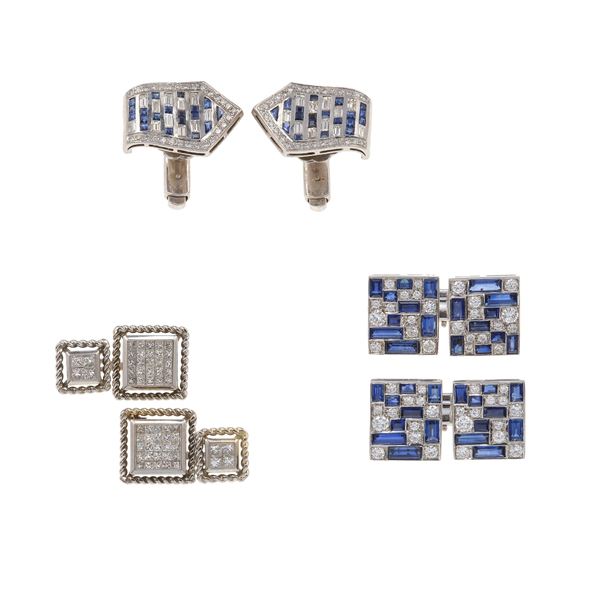 Three pairs of gold, diamond and sapphire cufflinks, one pair signed A. Reza