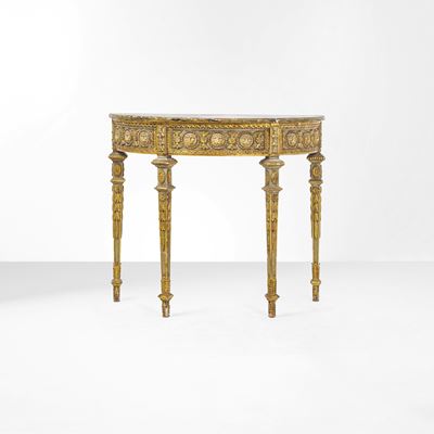 Console demi-lune, stile Luigi XVI, legno intagliato laccato e dorato, piano marmorizzato (XX sec...