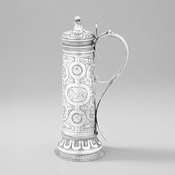 Importante boccale di gusto neorinascimentale. Argenteria artistica milanese. Argentiere Gabriele De Vecchi.