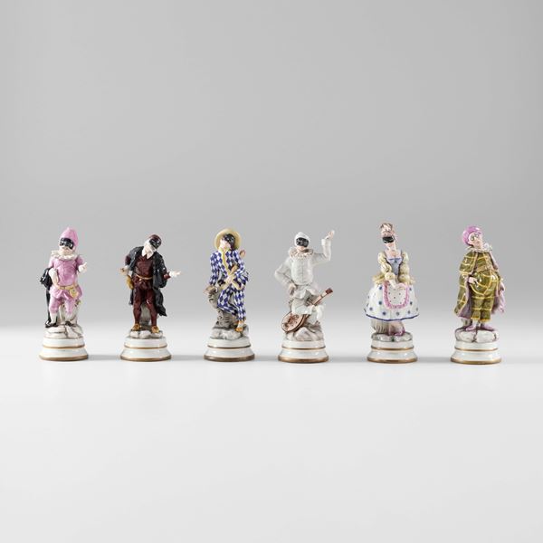 Sei statuine raffiguranti personaggi della Commedia dell'Arte, epoca XX secolo