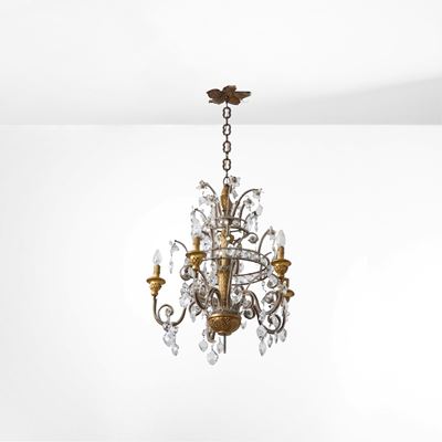 Lampadario a gocce, struttura in legno e metallo dorato, XX secolo