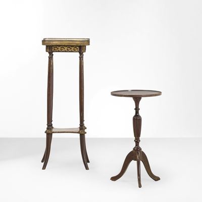 Gueridon Napoleone III, piano e dettagli in bronzo dorato; tavolino tondo in mogano, Francia fine...