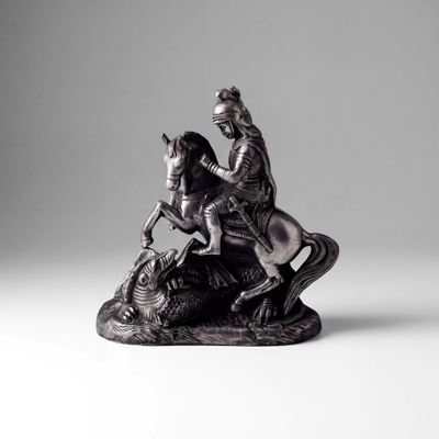 Scultore del XX secolo, San Giorgio e il drago in bronzo argentato