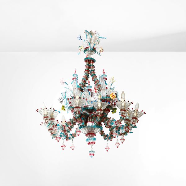 Lampadario in vetro soffiato trasparente e policromo. Murano, prima metà del XX secolo