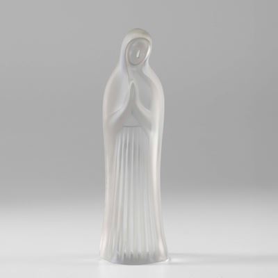 Lalique, Madonna in preghiera in vetro, scultura firmata ad acido (Francia, XX secolo)