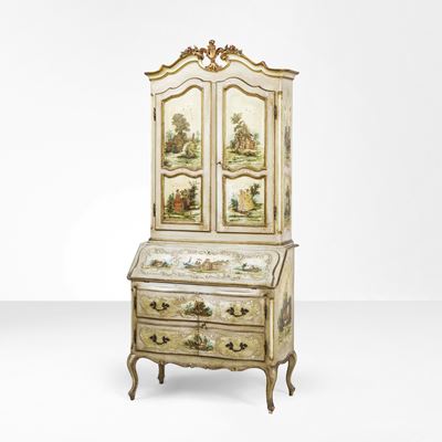 Trumeau di gusto veneziano, legno laccato policromo con decoro a paesaggi e scene di genere