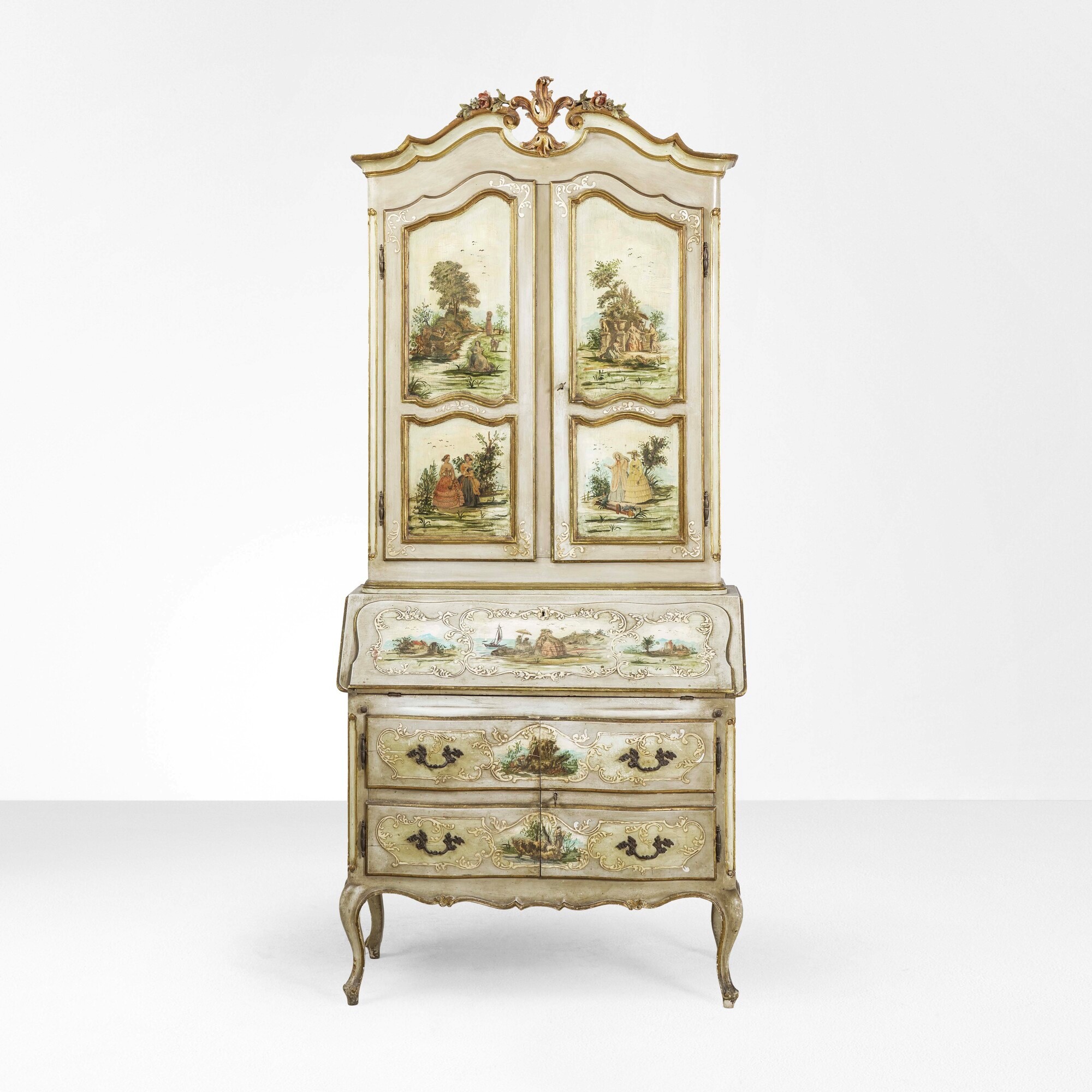Trumeau di gusto veneziano, legno laccato policromo con decoro a paesaggi e scene di genere