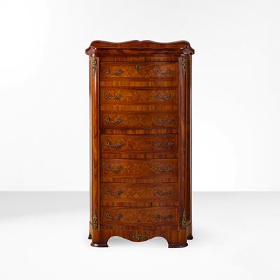 Arredo in stile francese del XVIII secolo, settimanale in legno lastronato a marqueterie