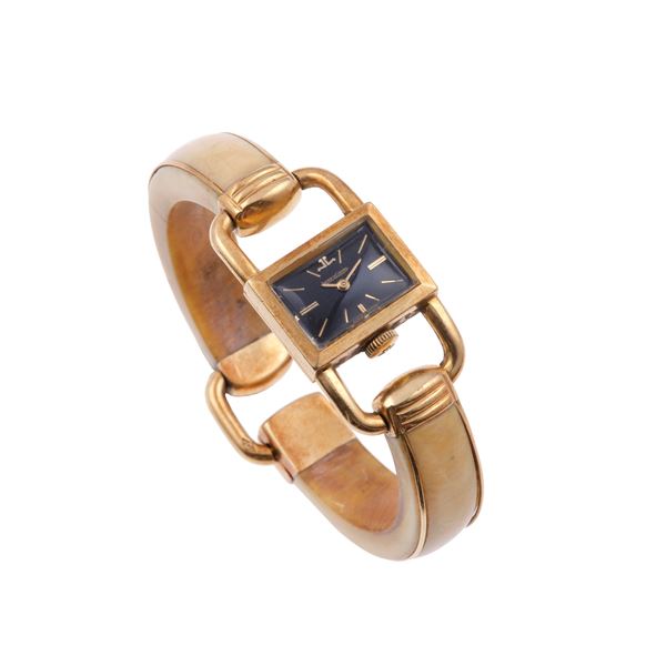 Lady's bakelite and gold wristwatch. Signed Jaeger LeCoultre, 1297553. Movement not serviced