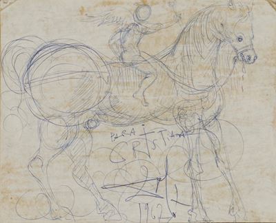 Salvador Dalì, Cristiana a cavallo, disegno a penna su cartoncino (1967)