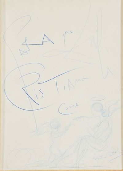 Salvador Dalì, Disegno a matita su carta con due angeli ("Para que Cristiana coma")