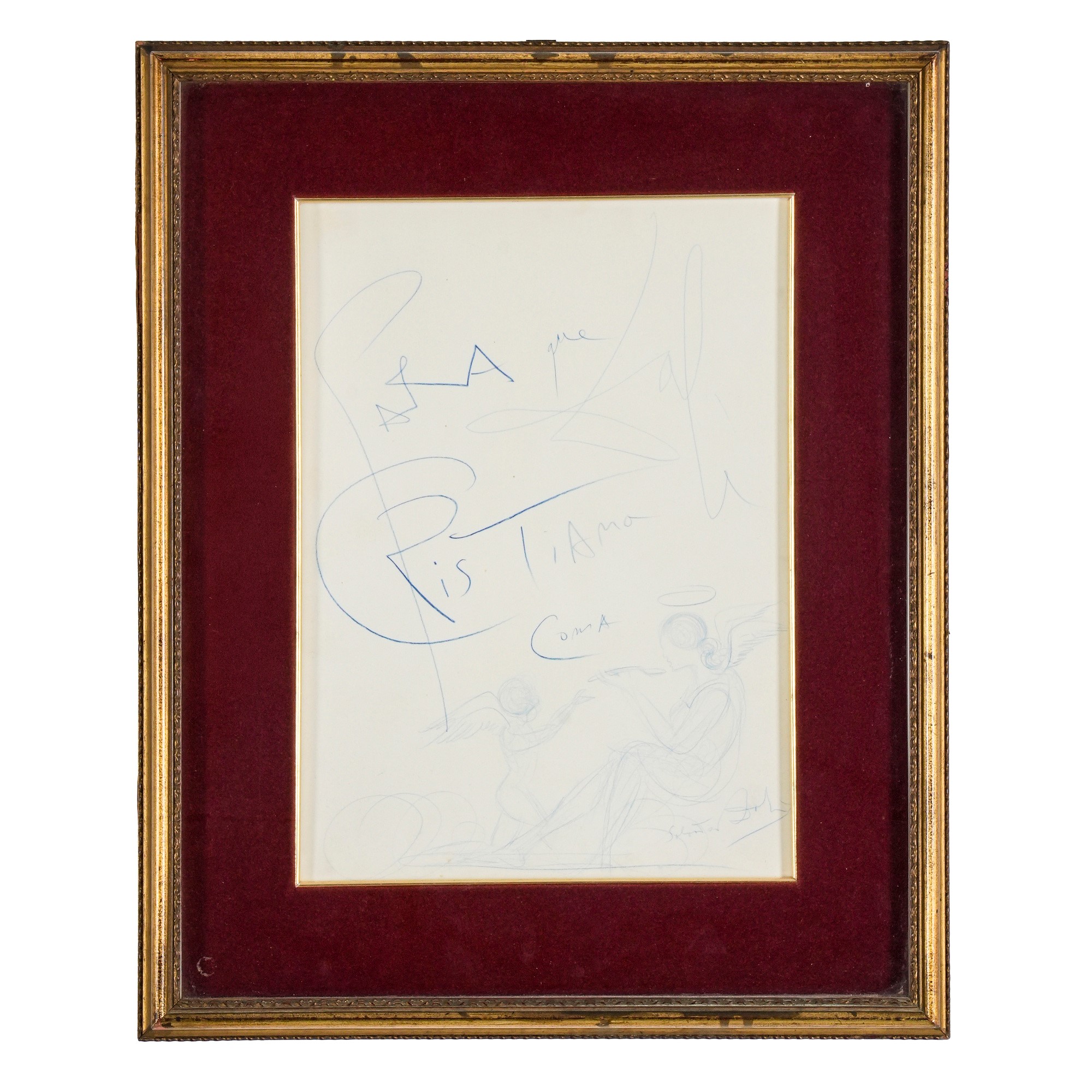 Salvador Dalì, Disegno a matita su carta con due angeli ("Para que Cristiana coma")