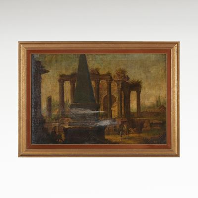 Pittore del XX secolo, Capriccio con figure, olio su tela