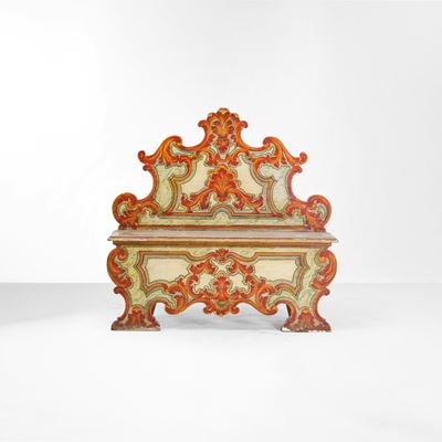 Cassapanca in stile settecento marchigiano, legno laccato con decoro rocaille (XX secolo)