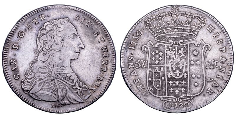 NAPOLI. CARLO DI BORBONE, 1734-1759. Piastra da 120 Grana 1750.  - Asta Numismatica - Cambi Casa d'Aste