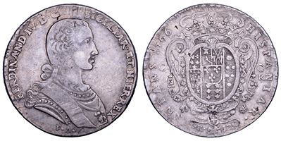 Ferdinando IV di Borbone (1759-1799), Piastra da 120 grana con stemma coronato, Napoli, 1766