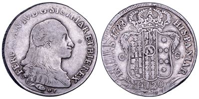 Ferdinando IV di Borbone, Piastra da 120 grana, Napoli, 1788 (I periodo) con gigli invertiti
