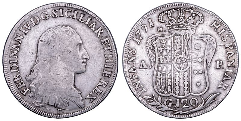 NAPOLI. FERDINANDO IV DI BORBONE, 1759-1799. I PERIODO. Piastra da 120 grana 1791.  - Asta Numismatica - Cambi Casa d'Aste