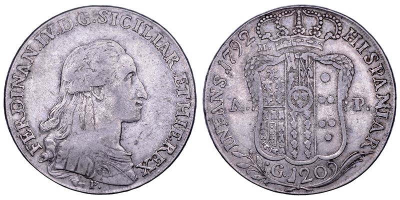 NAPOLI. FERDINANDO IV DI BORBONE, 1759-1799. I PERIODO. Piastra da 120 grana 1792.  - Auction Numismatics - Cambi Casa d'Aste