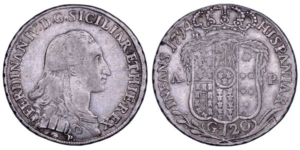 NAPOLI. FERDINANDO IV DI BORBONE, 1759-1799. I PERIODO. Piastra da 120 grana 1794.