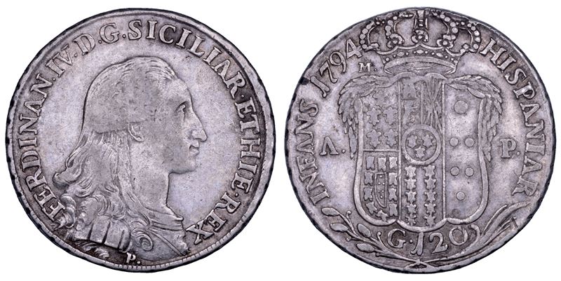 NAPOLI. FERDINANDO IV DI BORBONE, 1759-1799. I PERIODO. Piastra da 120 grana 1794.  - Asta Numismatica - Cambi Casa d'Aste