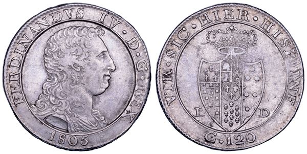 NAPOLI. FERDINANDO IV DI BORBONE, 1799-1805. II PERIODO. Piastra da 120 grana 1805.
