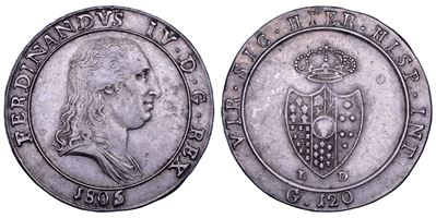 Ferdinando IV di Borbone, Piastra da 120 grana (Variante testa piccola e scudo piccolo), Napoli, ...