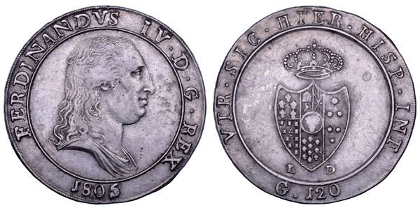 NAPOLI. FERDINANDO IV DI BORBONE, 1799-1805. II PERIODO. Piastra da 120 grana 1805.
