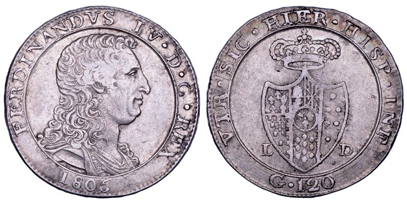 NAPOLI. FERDINANDO IV DI BORBONE, 1799-1805. II PERIODO. Piastra da 120 grana 1805.  - Auction Numismatics - Cambi Casa d'Aste