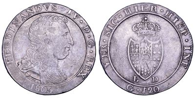 Ferdinando IV di Borbone, Piastra da 120 grana (Variante testa grande, scudo piccolo), Napoli, 18...