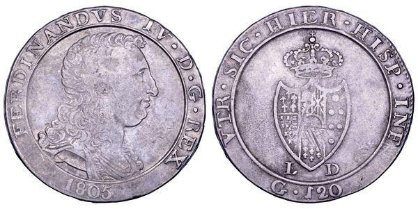 NAPOLI. FERDINANDO IV DI BORBONE, 1799-1805. II PERIODO. Piastra da 120 grana 1805.