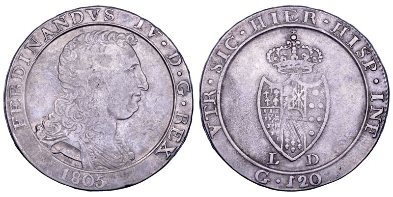 NAPOLI. FERDINANDO IV DI BORBONE, 1799-1805. II PERIODO. Piastra da 120 grana 1805.  - Asta Numismatica - Cambi Casa d'Aste