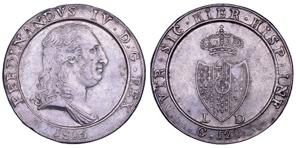 NAPOLI. FERDINANDO IV DI BORBONE, 1799-1805. II PERIODO. Piastra da 120 grana 1805.