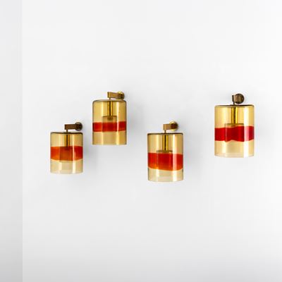 Quattro lampade a parete in ottone con vetro di Murano (produzione Seguso, Italia, ca. 1950)