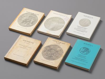 Lotto di sette cataloghi d’asta numismatici e filatelici, Basilea (1949-1999), rilegature in 8°