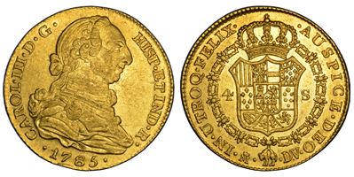 CARLOS III, 4 Escudos 1785 (Madrid), busto a destra e stemma reale coronato